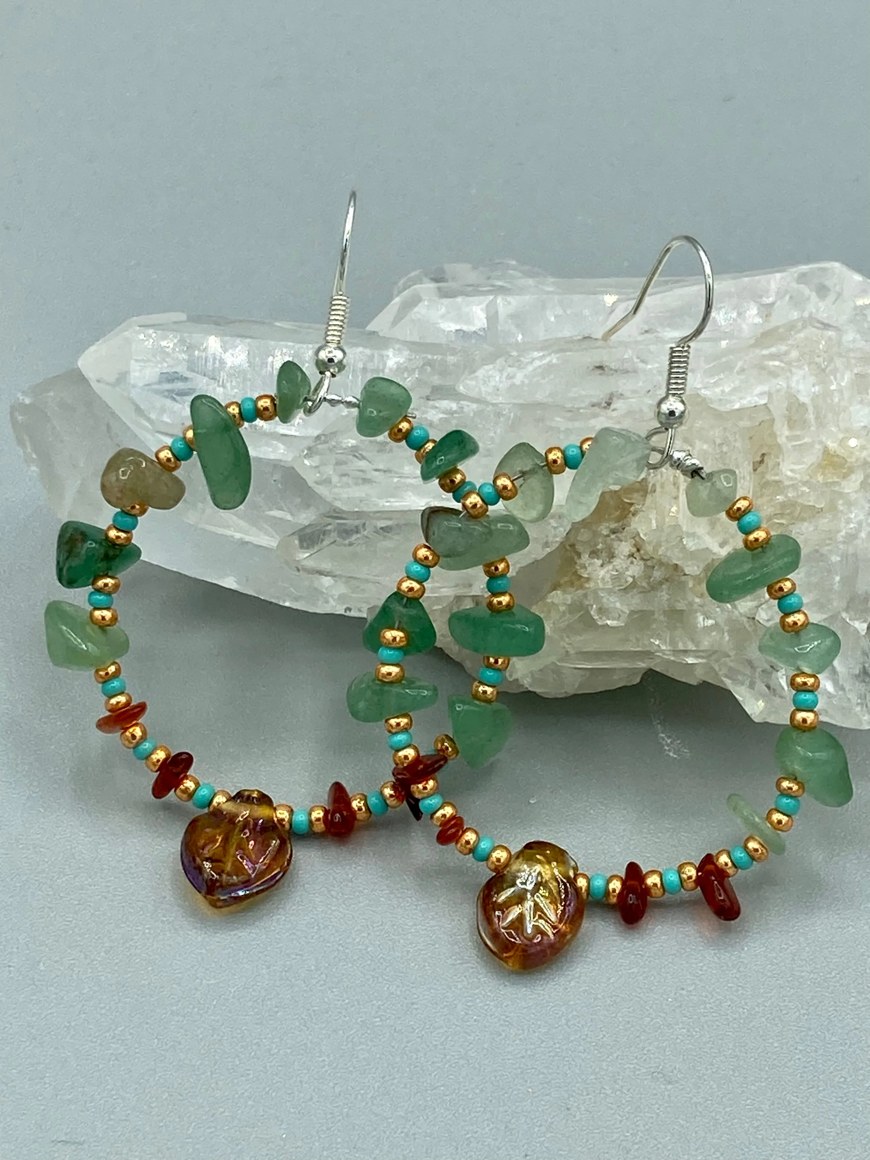 Aventurine And Amber Stone Chip Beaded Hoop Earrings, Hippie Vibe, Shabby Chic, Boho Chic, Nature Inspired, Bohemian