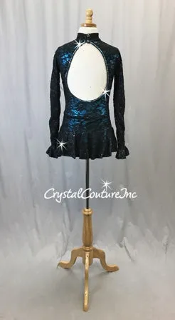 Black Sequin Stretch Lace Dress w/Turquoise Applique - Swarovski Rhinestones