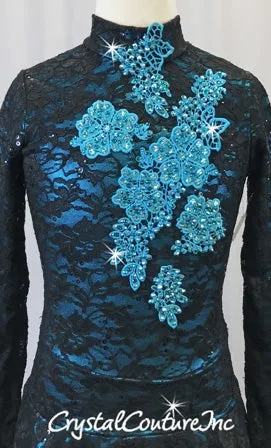 Black Sequin Stretch Lace Dress w/Turquoise Applique - Swarovski Rhinestones