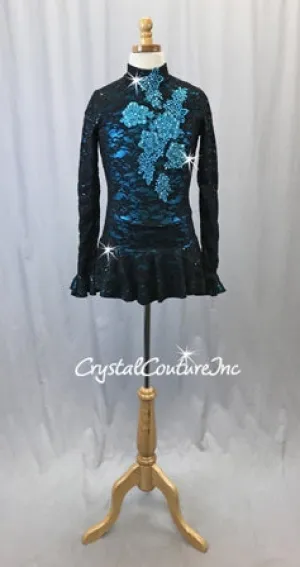 Black Sequin Stretch Lace Dress w/Turquoise Applique - Swarovski Rhinestones