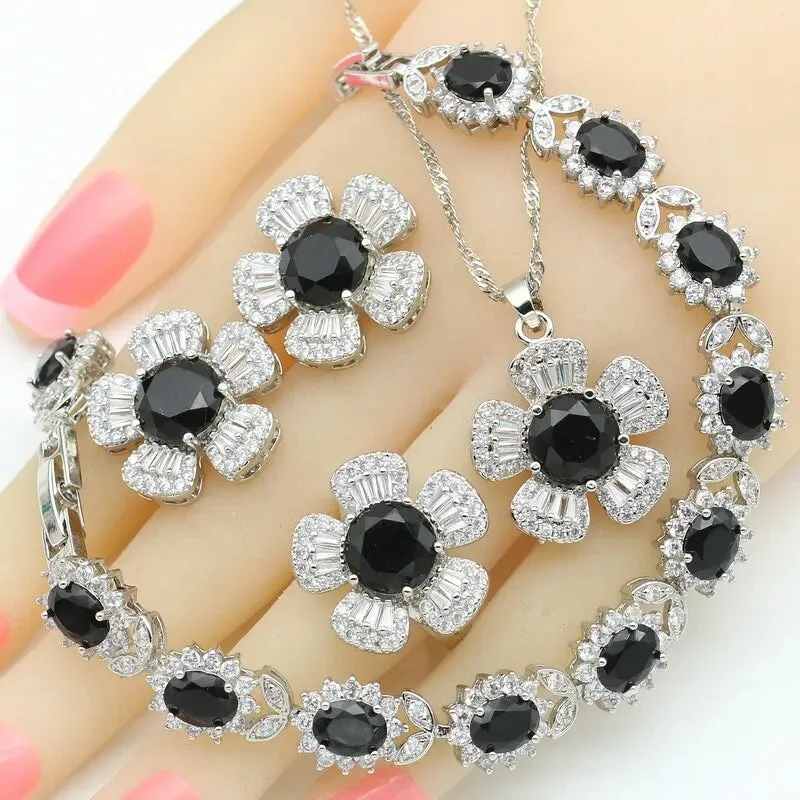 Black Zircon Silver Color Wedding Jewelry Sets For Women