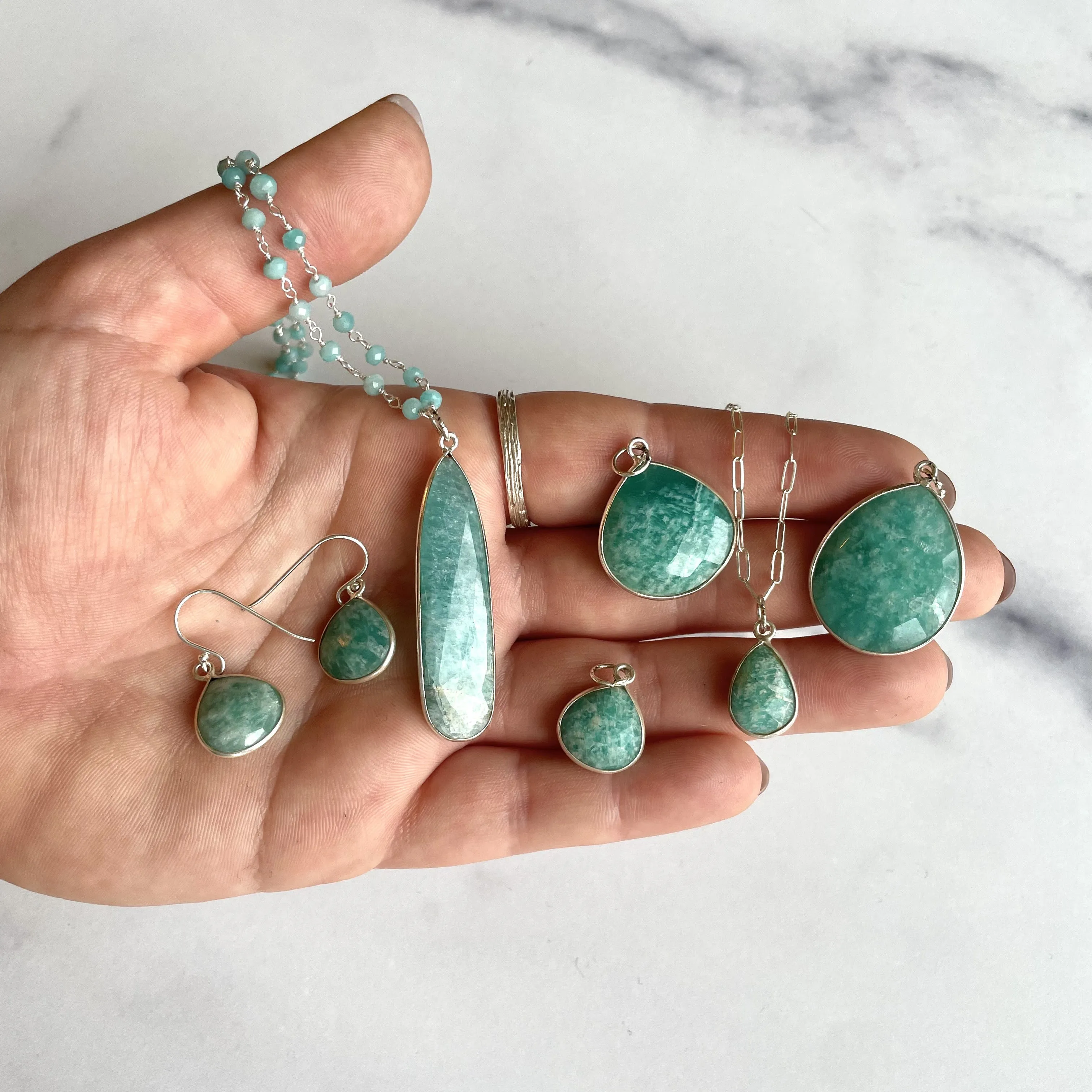 Channel Set Amazonite Long Teardrop Earrings