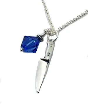 Chef Knife Necklace with Swarovski Blue Crystal Dangle