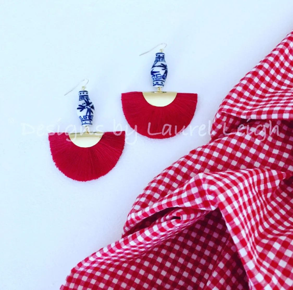 Chinoiserie Ginger Jar Red Fan Tassel Earrings