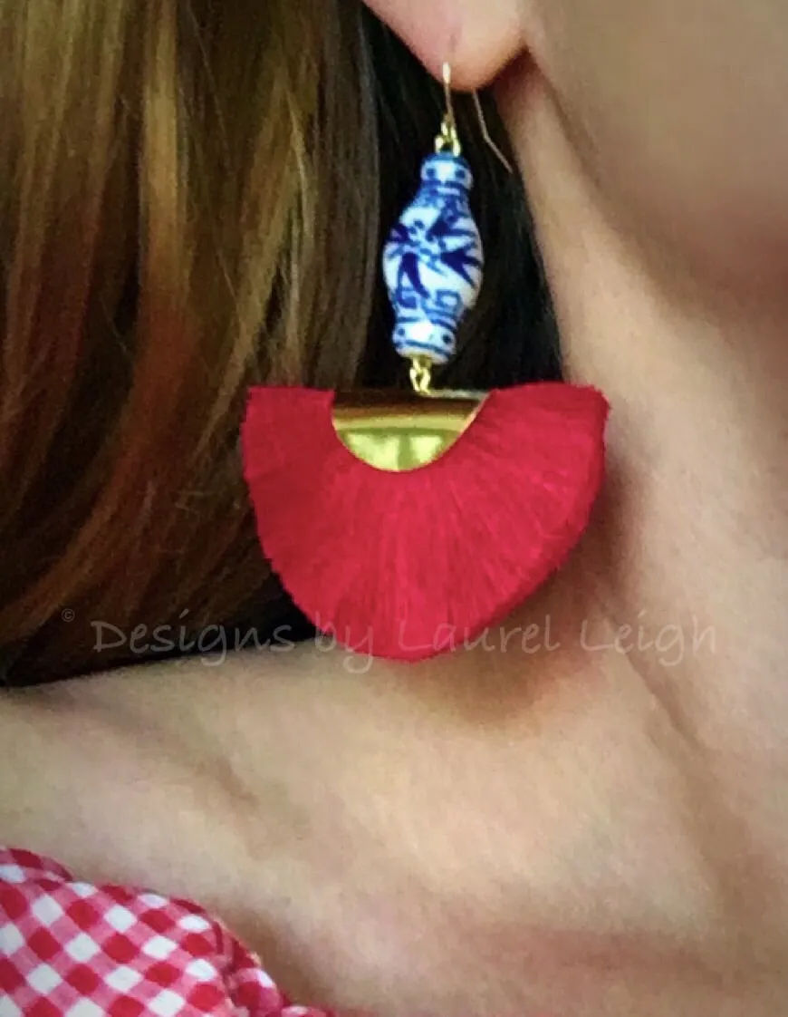 Chinoiserie Ginger Jar Red Fan Tassel Earrings
