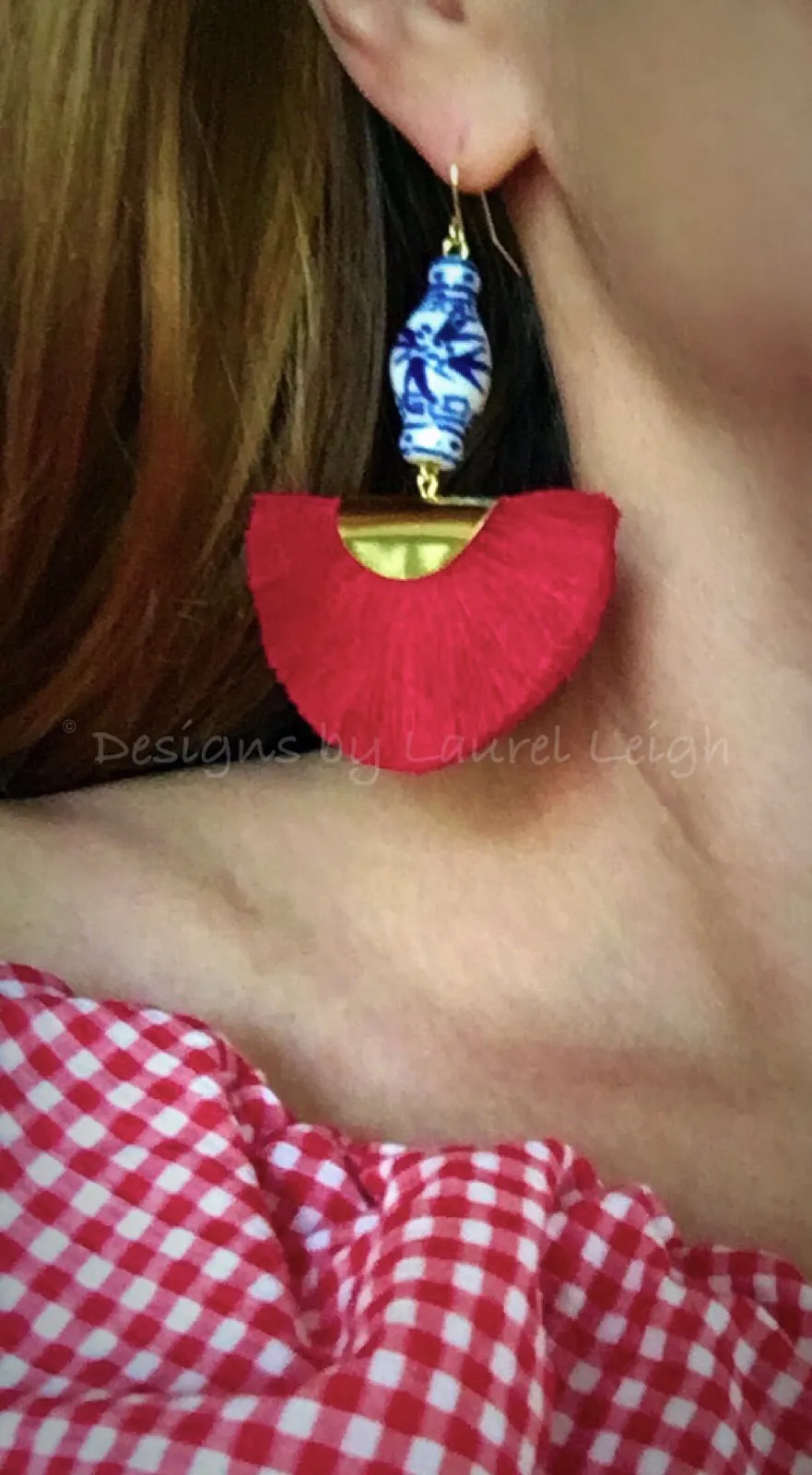 Chinoiserie Ginger Jar Red Fan Tassel Earrings