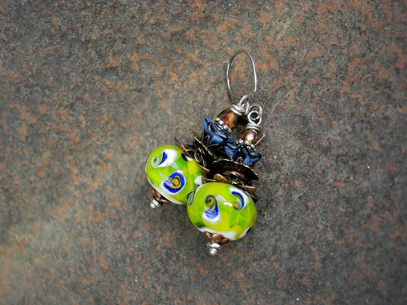 Colorful Boho Funky Earrings, Studio Made Lampwork Glass Beads
