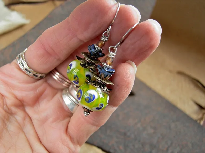 Colorful Boho Funky Earrings, Studio Made Lampwork Glass Beads