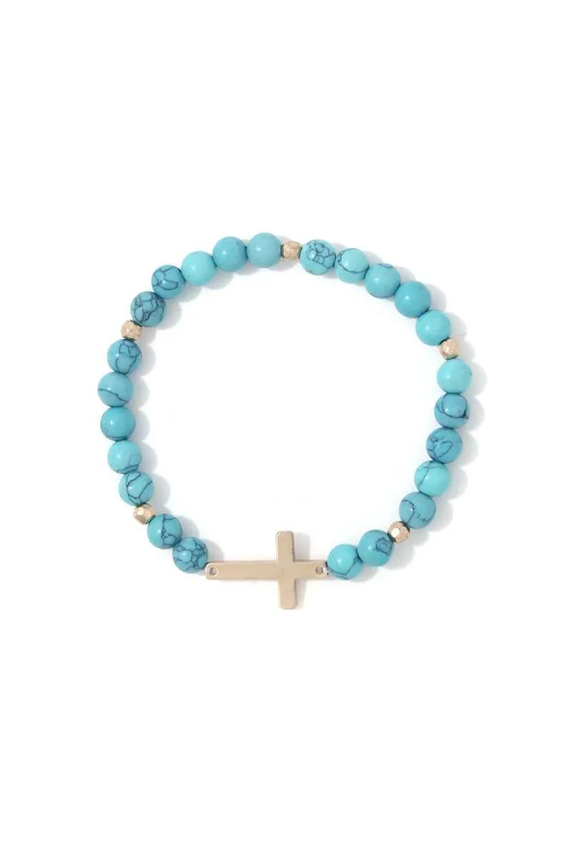 Cross Charm Beaded Stretch Bracelet