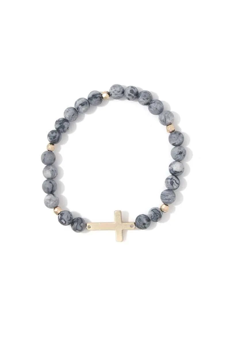 Cross Charm Beaded Stretch Bracelet