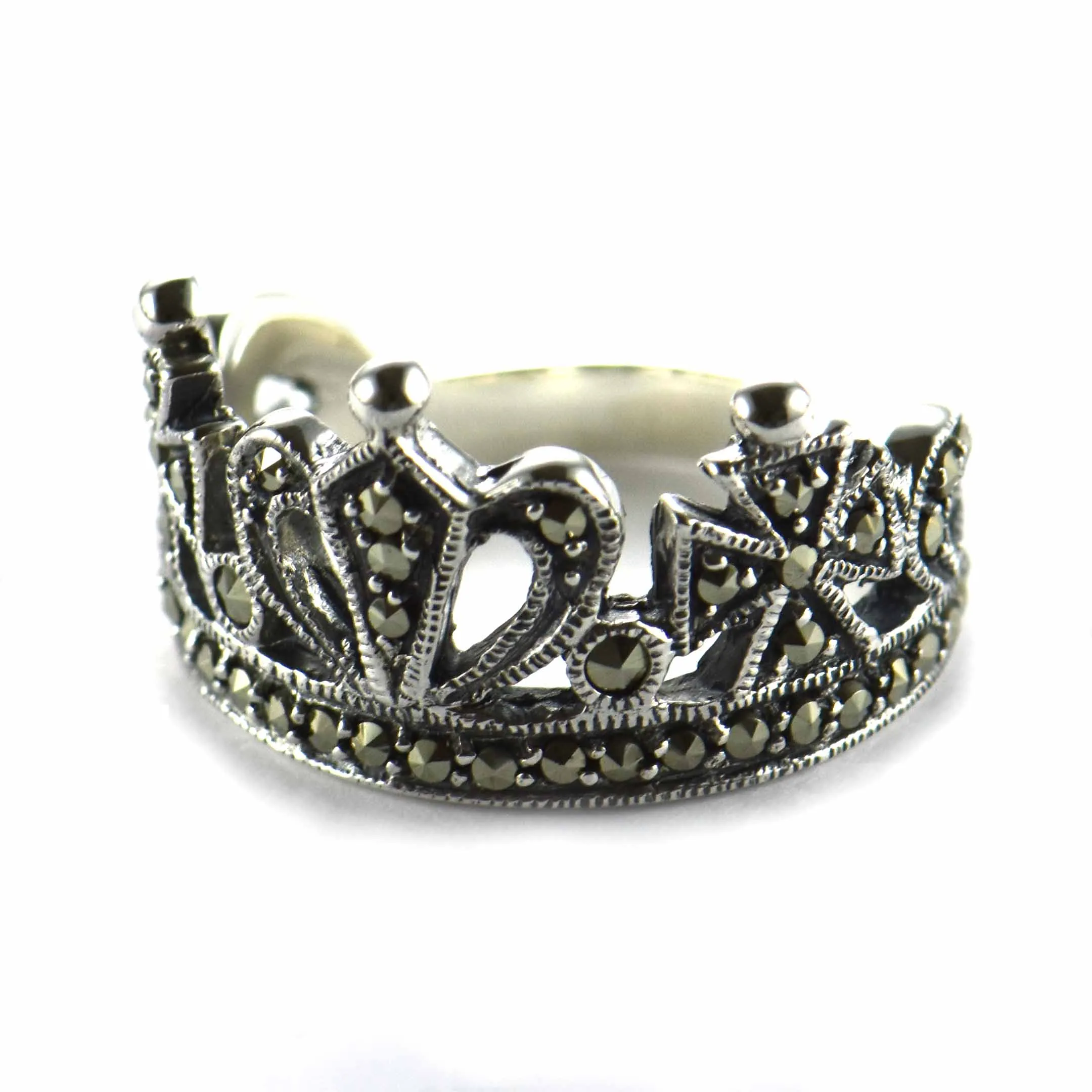 Crown silver ring with marcasite