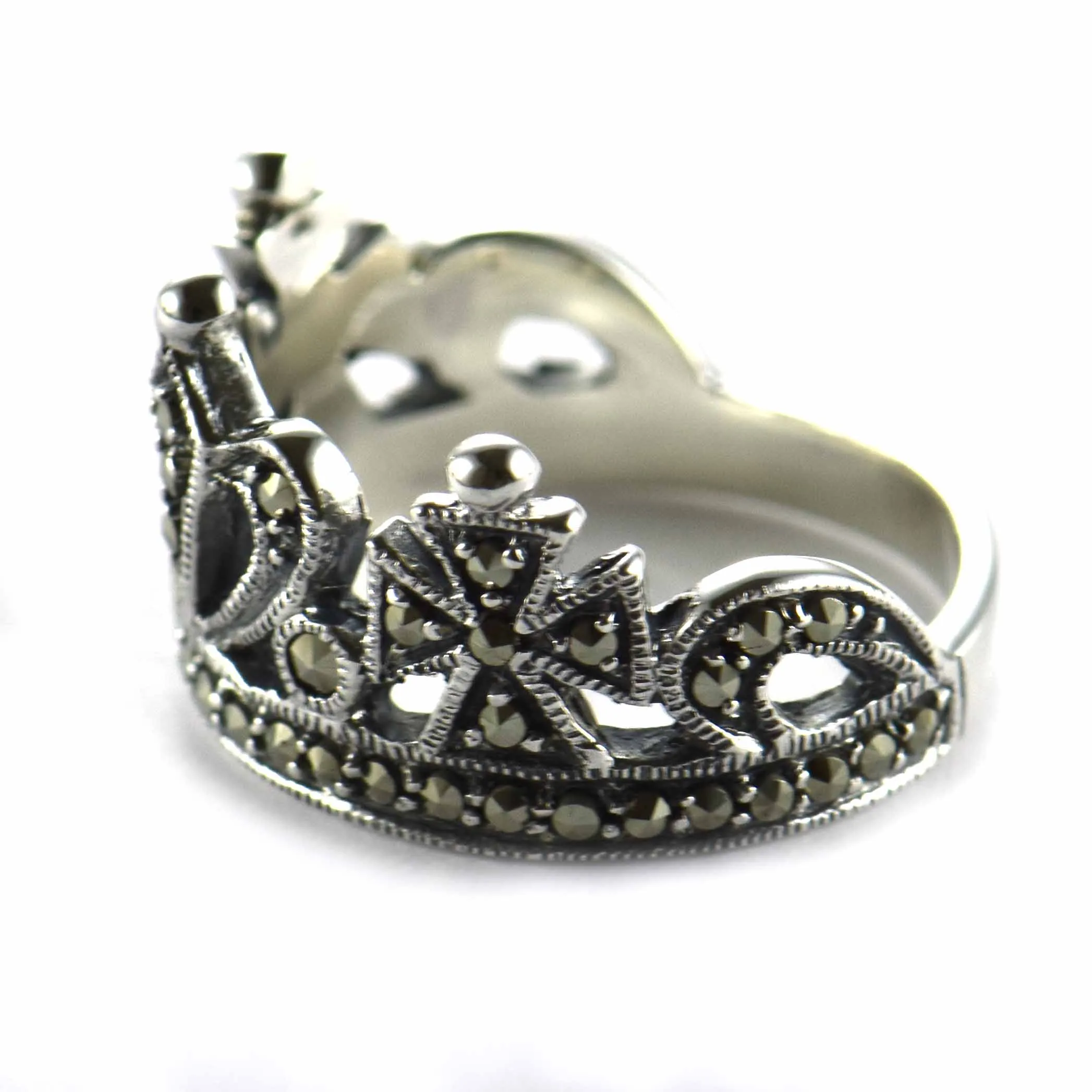 Crown silver ring with marcasite