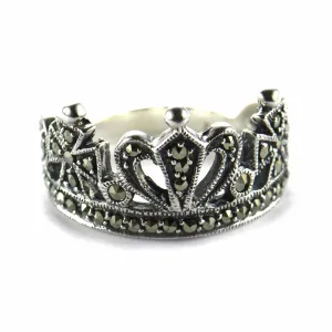 Crown silver ring with marcasite