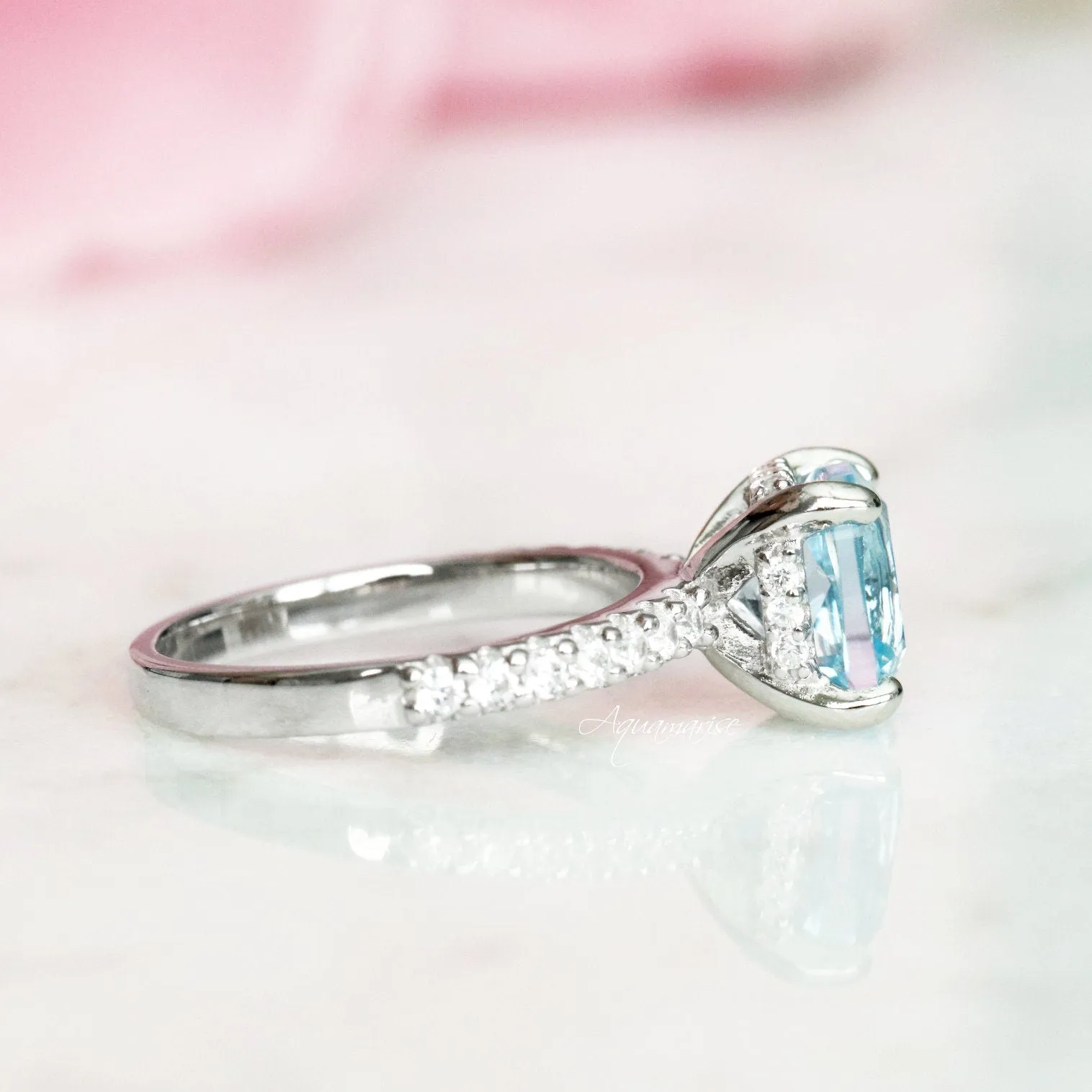 Cushion Hidden Halo Aquamarine Ring- Sterling Silver