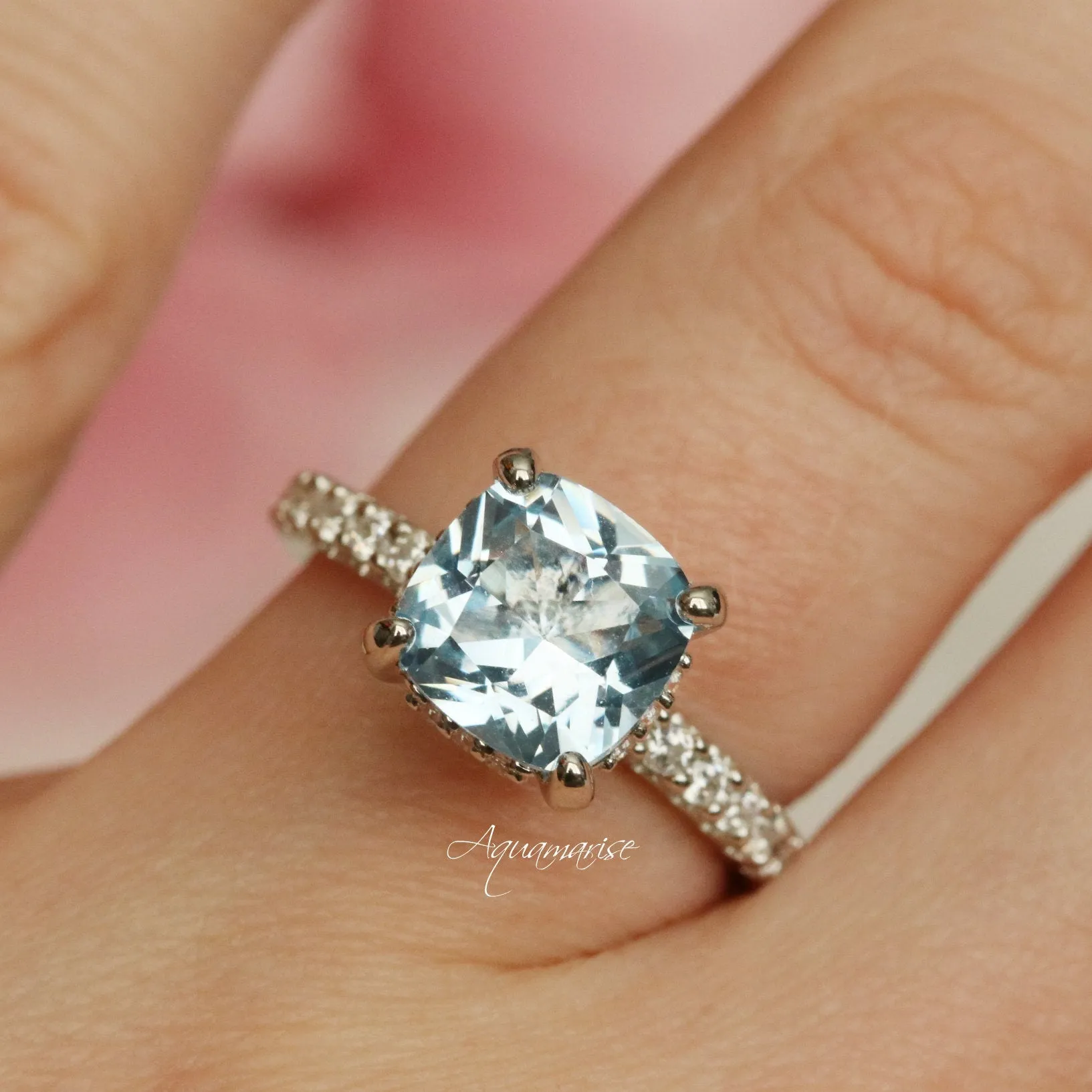 Cushion Hidden Halo Aquamarine Ring- Sterling Silver