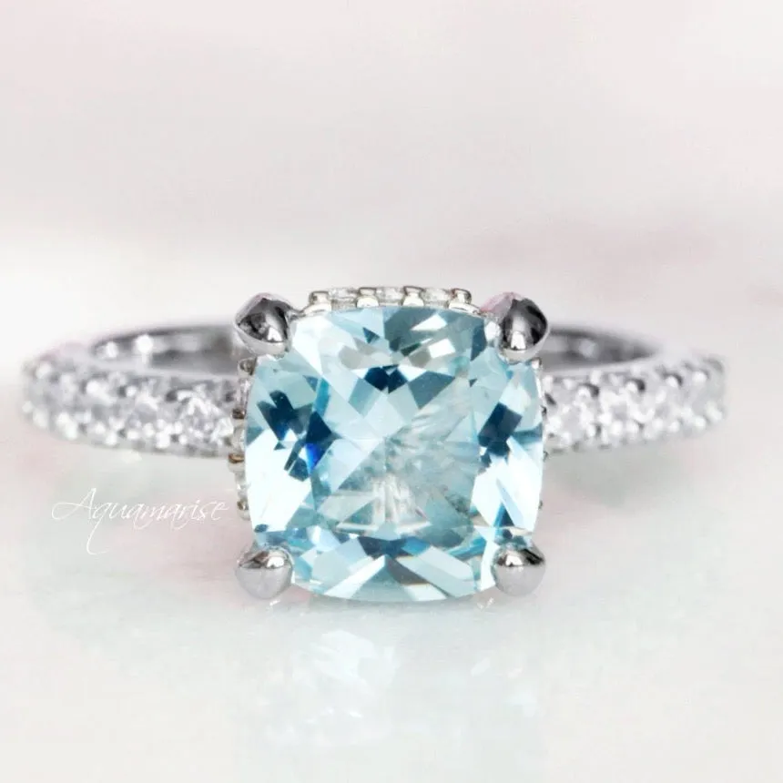 Cushion Hidden Halo Aquamarine Ring- Sterling Silver