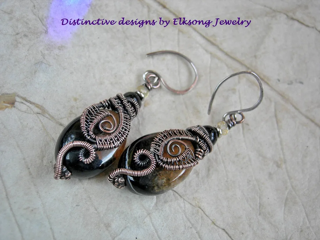 Dark Agate & Copper Wire Wrap Earrings, Black Amber & Citrine