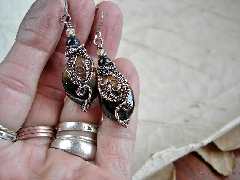 Dark Agate & Copper Wire Wrap Earrings, Black Amber & Citrine