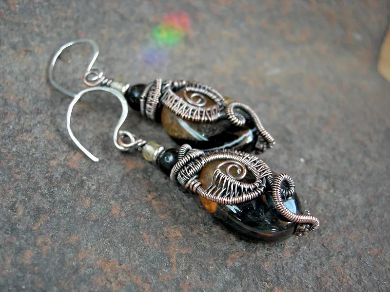 Dark Agate & Copper Wire Wrap Earrings, Black Amber & Citrine
