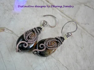 Dark Agate & Copper Wire Wrap Earrings, Black Amber & Citrine