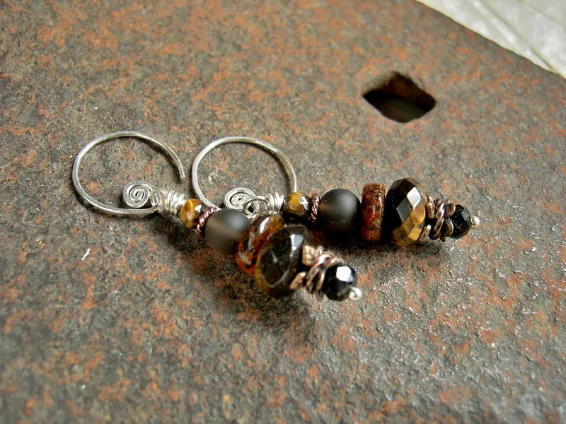Dark & Smoky Short Drop Earrings, Tiger Eye, Amber, Black Tourmaline