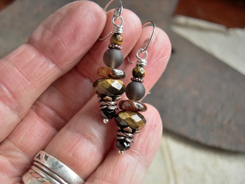 Dark & Smoky Short Drop Earrings, Tiger Eye, Amber, Black Tourmaline
