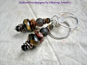Dark & Smoky Short Drop Earrings, Tiger Eye, Amber, Black Tourmaline