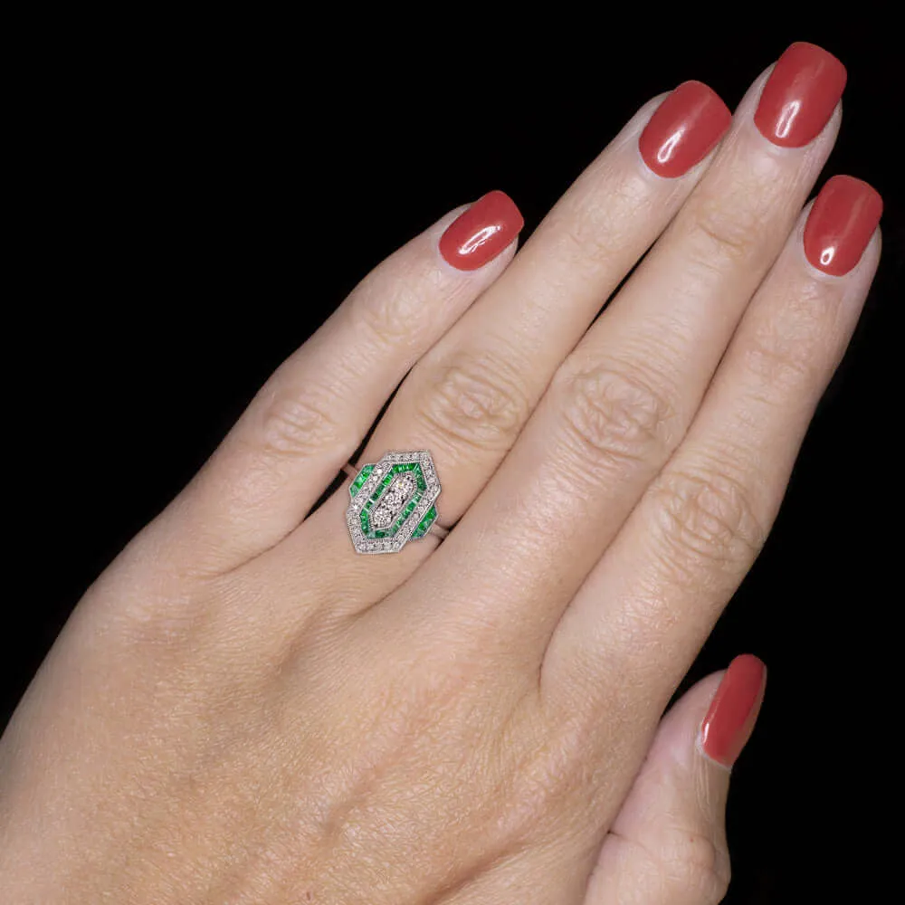 DIAMOND EMERALD VINTAGE STYLE RING ART DECO GEOMETRIC COCKTAIL ANTIQUE NATURAL