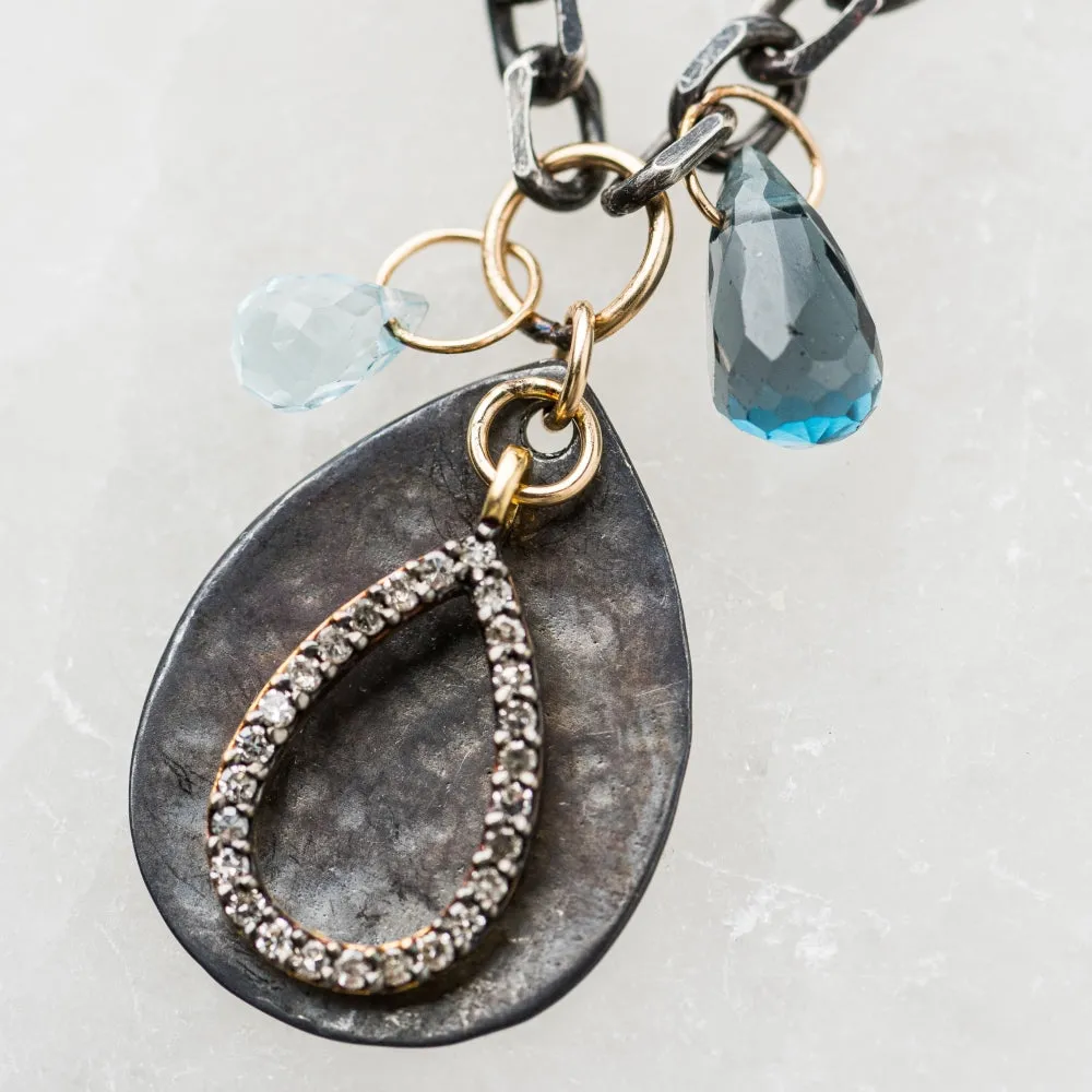 Diamond Teardrop with Blue Topaz and Black Teardrop