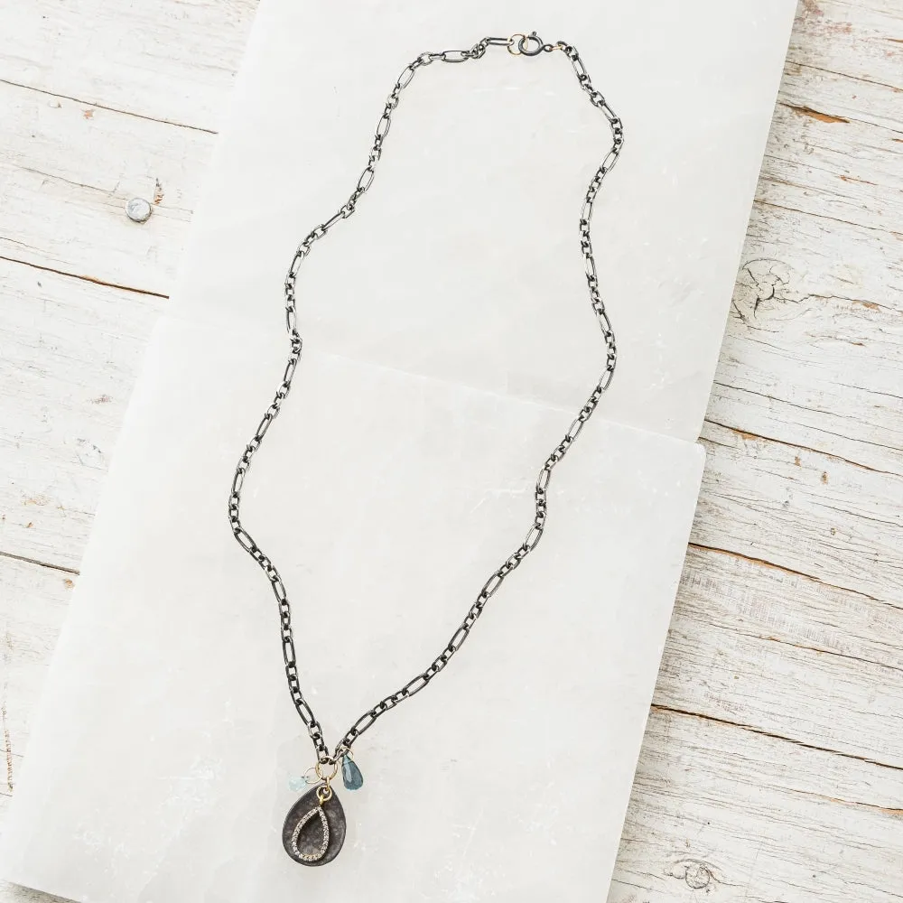 Diamond Teardrop with Blue Topaz and Black Teardrop