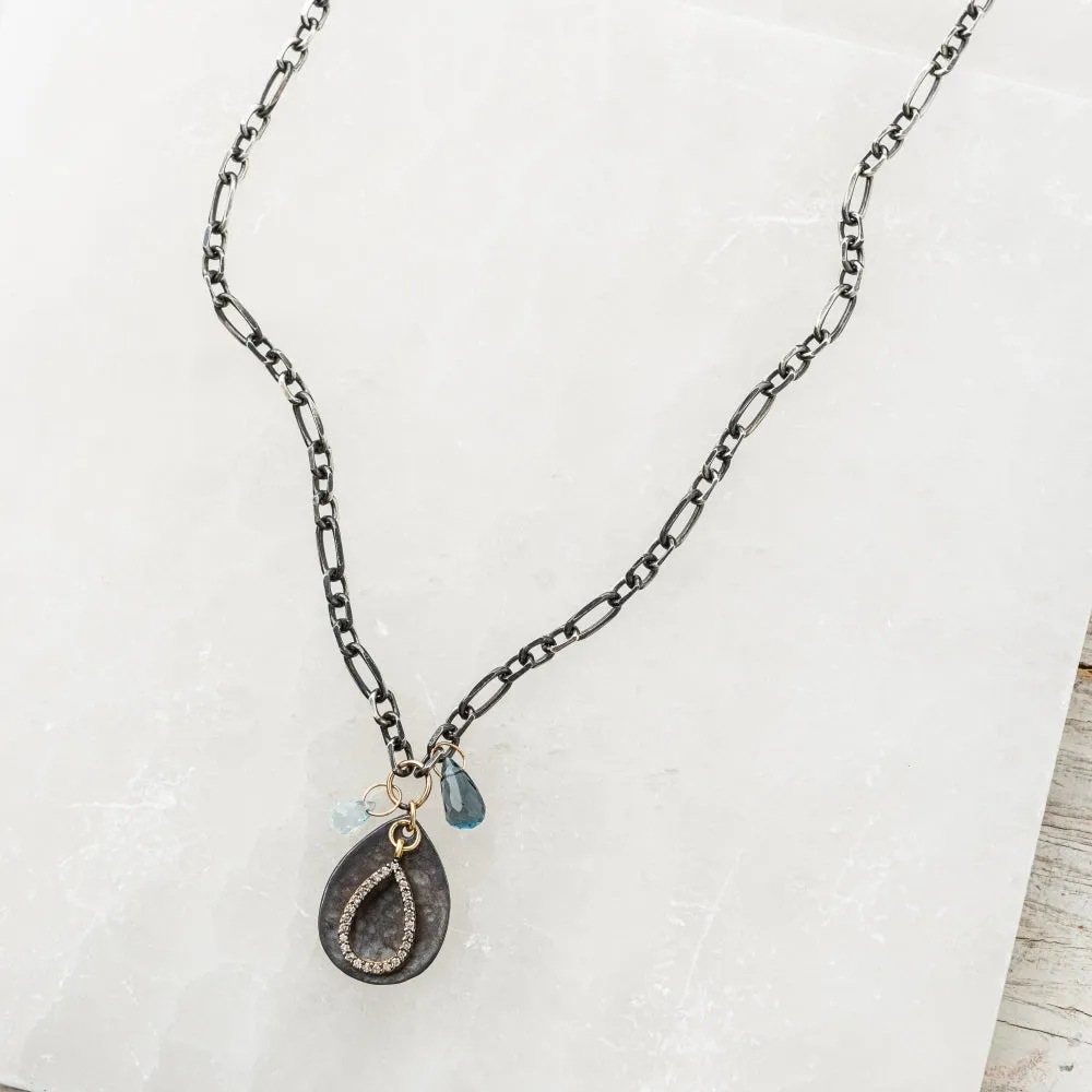 Diamond Teardrop with Blue Topaz and Black Teardrop