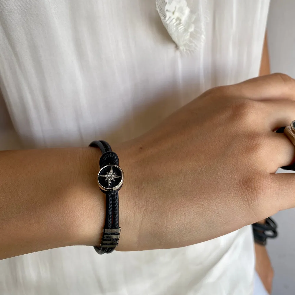 Double Leather Bracelet - Silver Star