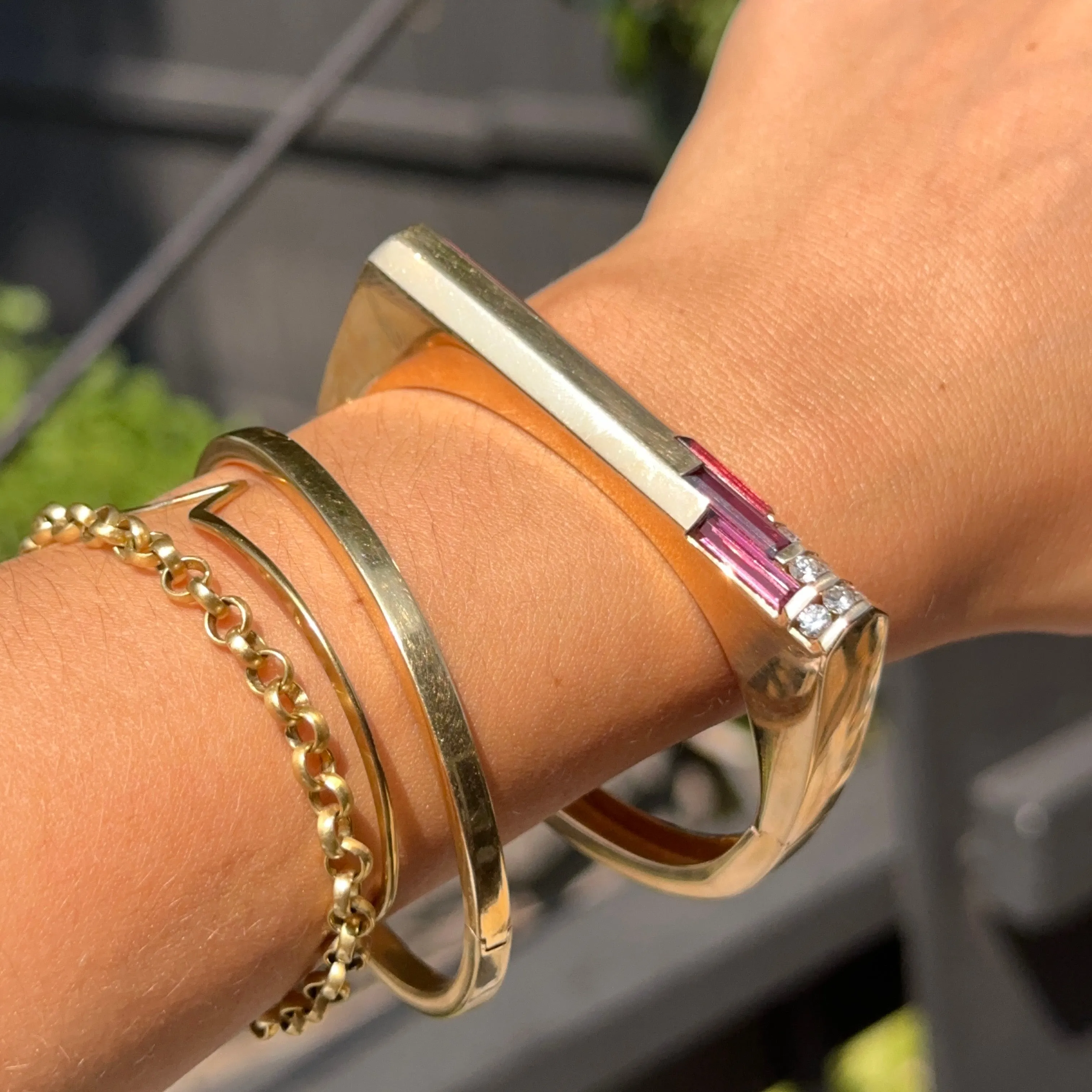 Estate Kabana 14KT Yellow Gold Rhodolite Garnet   Diamond Square Bangle Cuff Bracelet