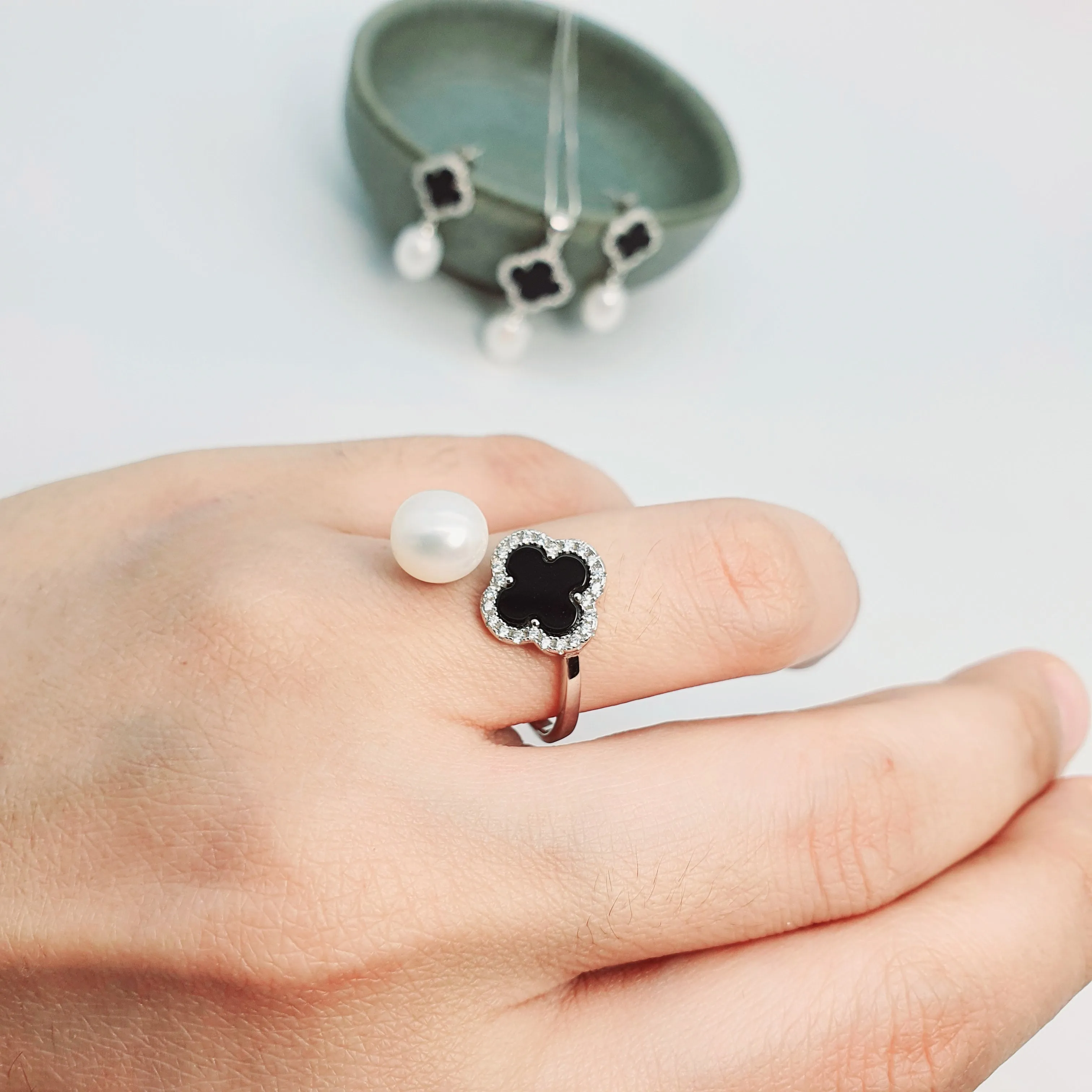 Freshwater Cultured Drop Pearl & Agate Clover Set, Sterling Silver