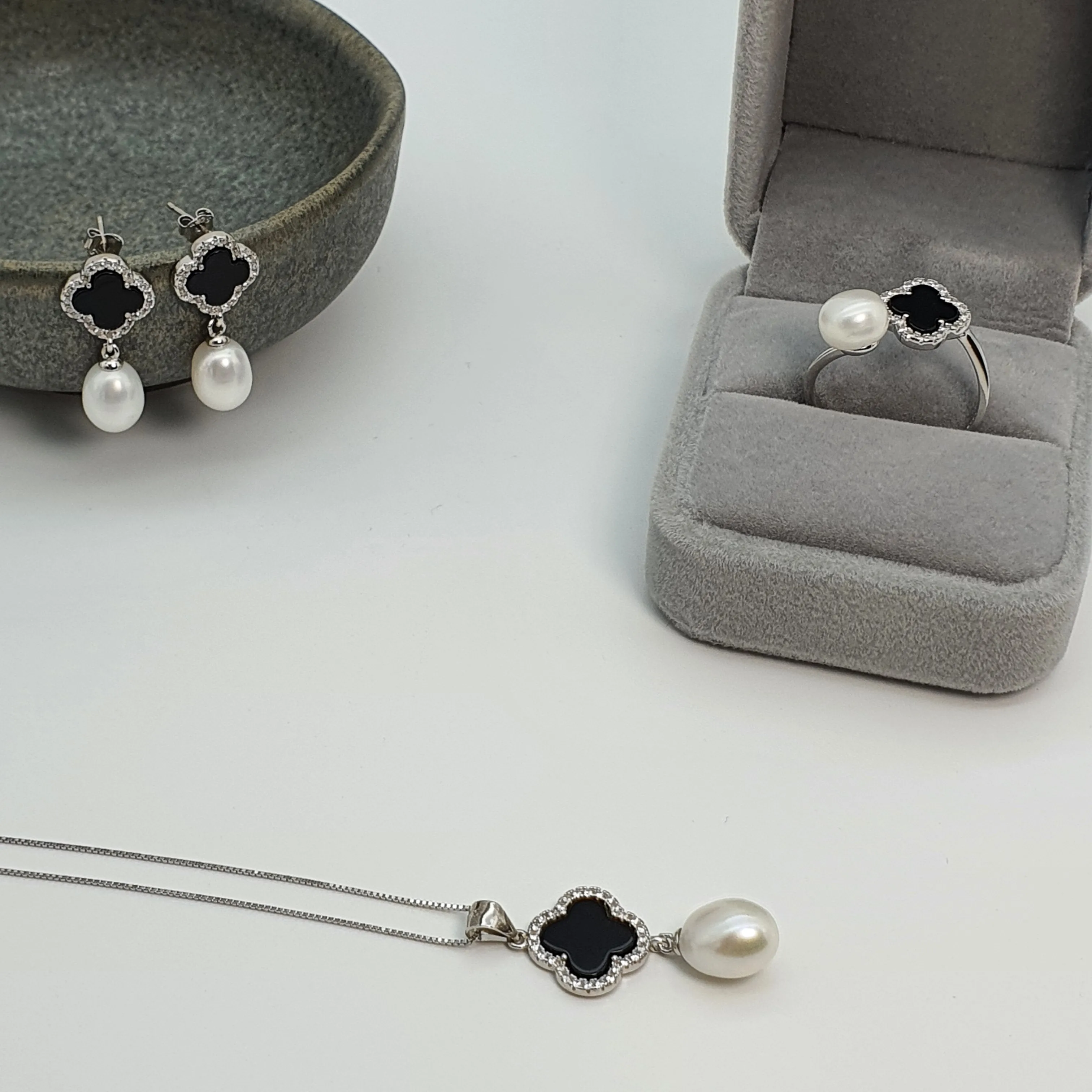 Freshwater Cultured Drop Pearl & Agate Clover Set, Sterling Silver