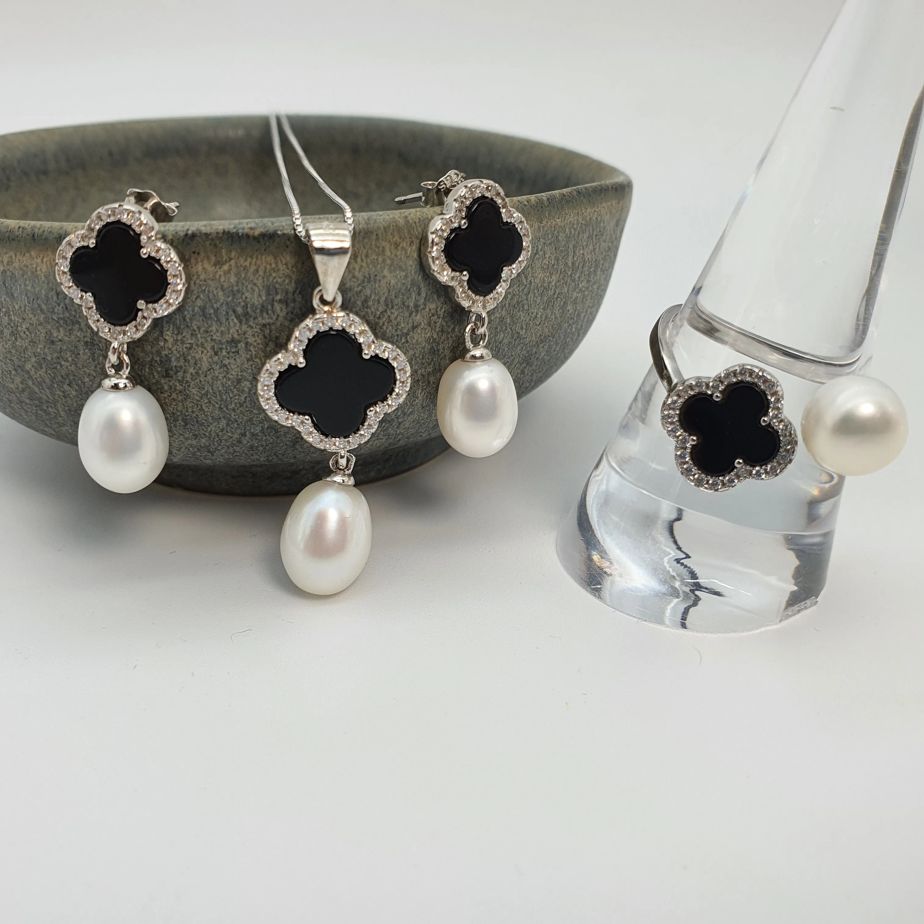 Freshwater Cultured Drop Pearl & Agate Clover Set, Sterling Silver