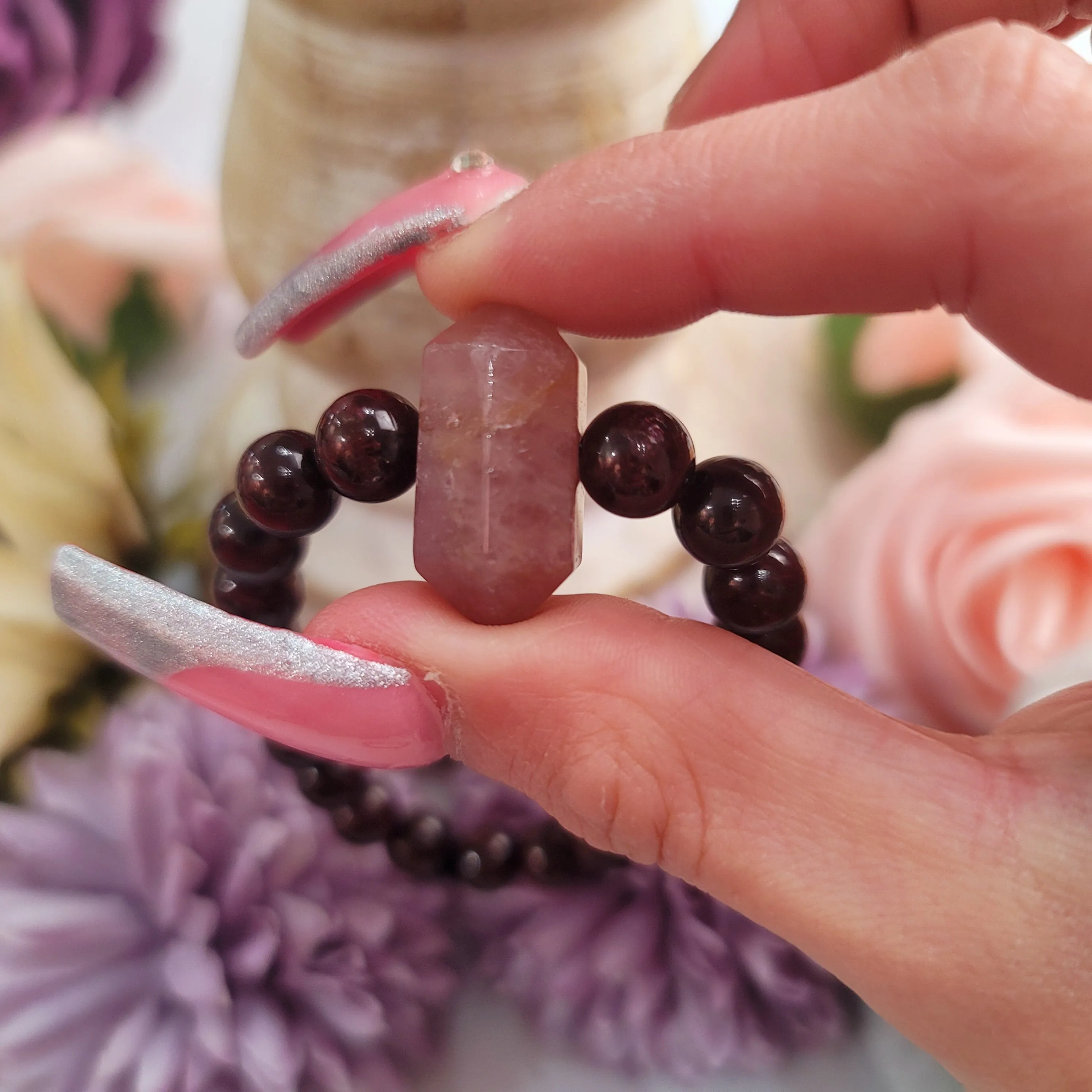 Garnet and Rose Quartz Double Terminated Point Bracelet for Grounding, Health and Strength