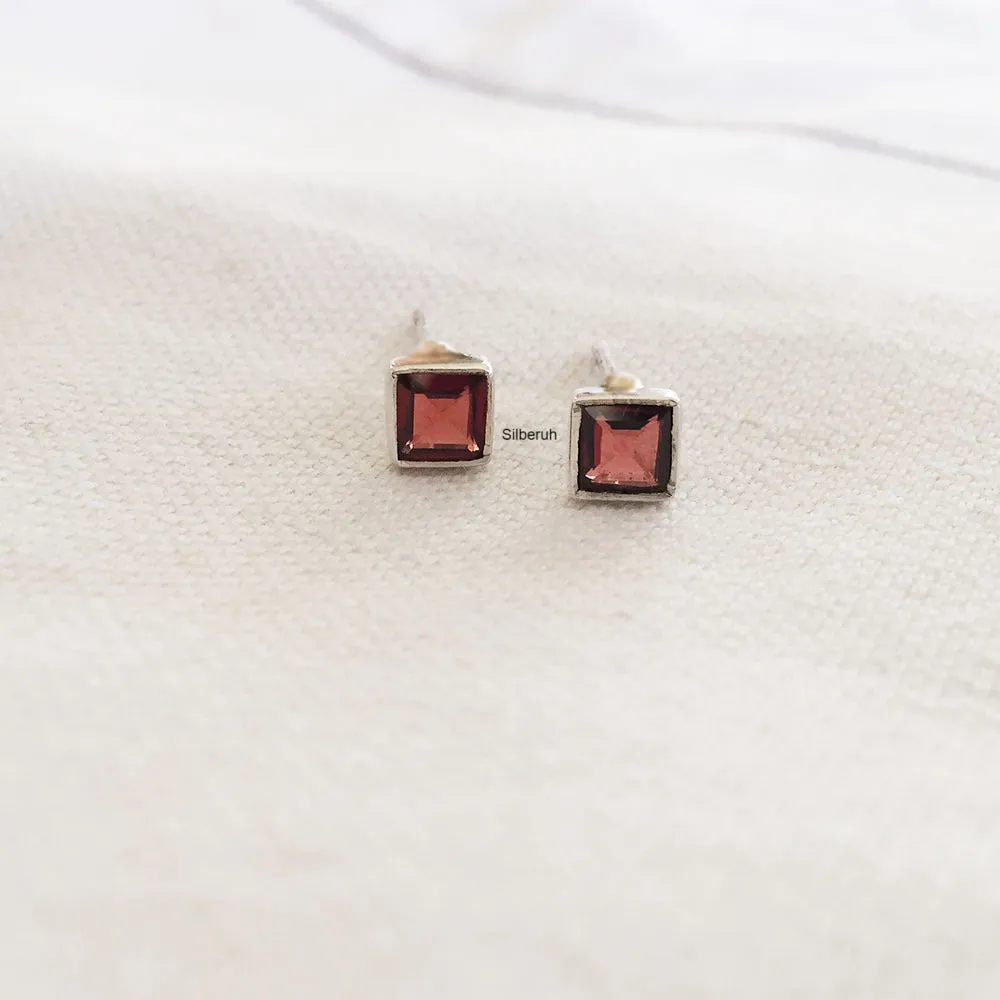 Garnet Facetted Square Silver Stud