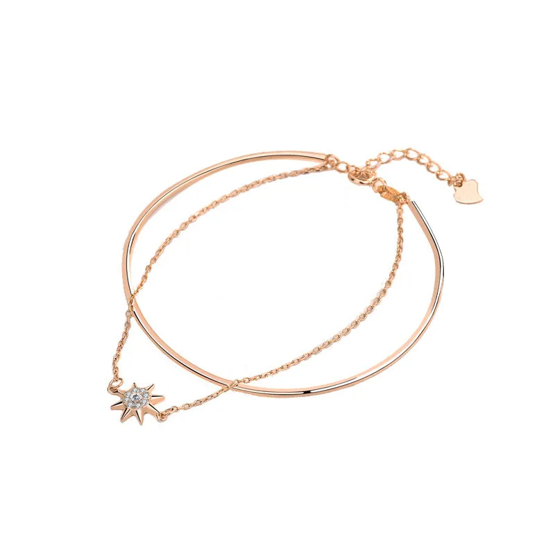 Girl Double Layer CZ Octagonal Star Gold Plated Sterling Silver Bracelet