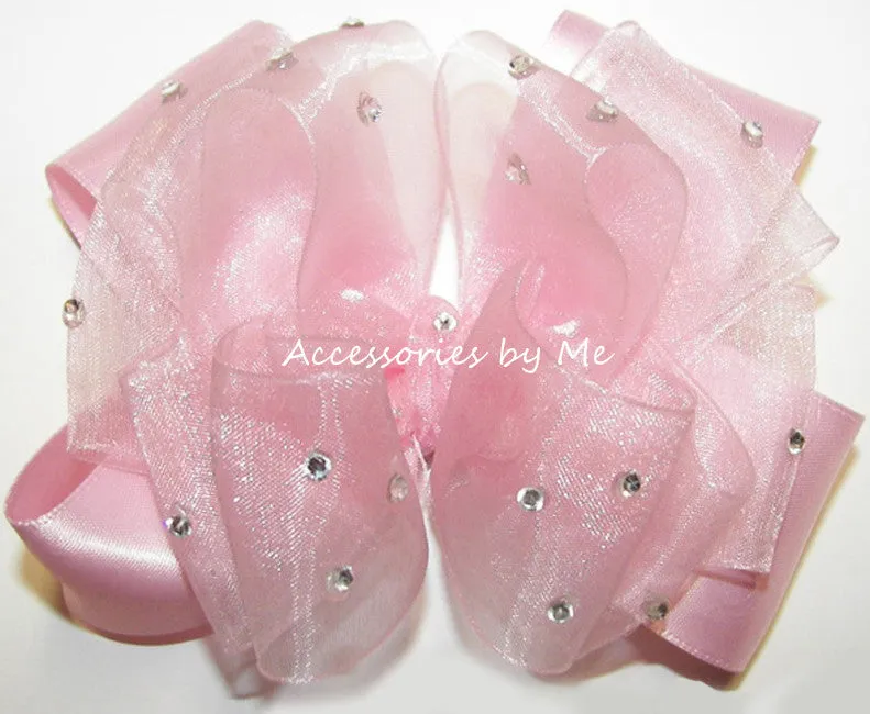 Glitzy Light Pink Organza Satin Hair Bow
