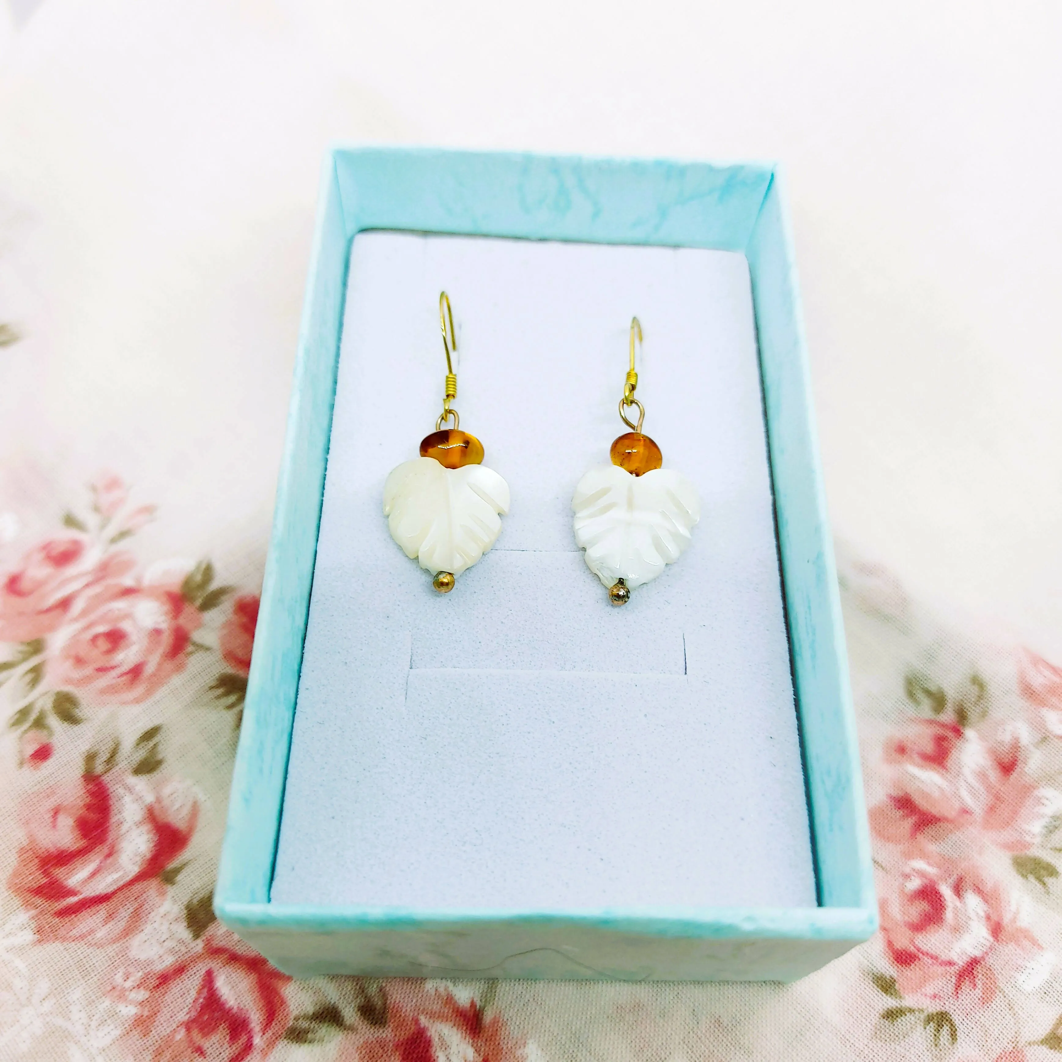 Gold on Silver Drop Earrings with Amber & Mother of Pearl