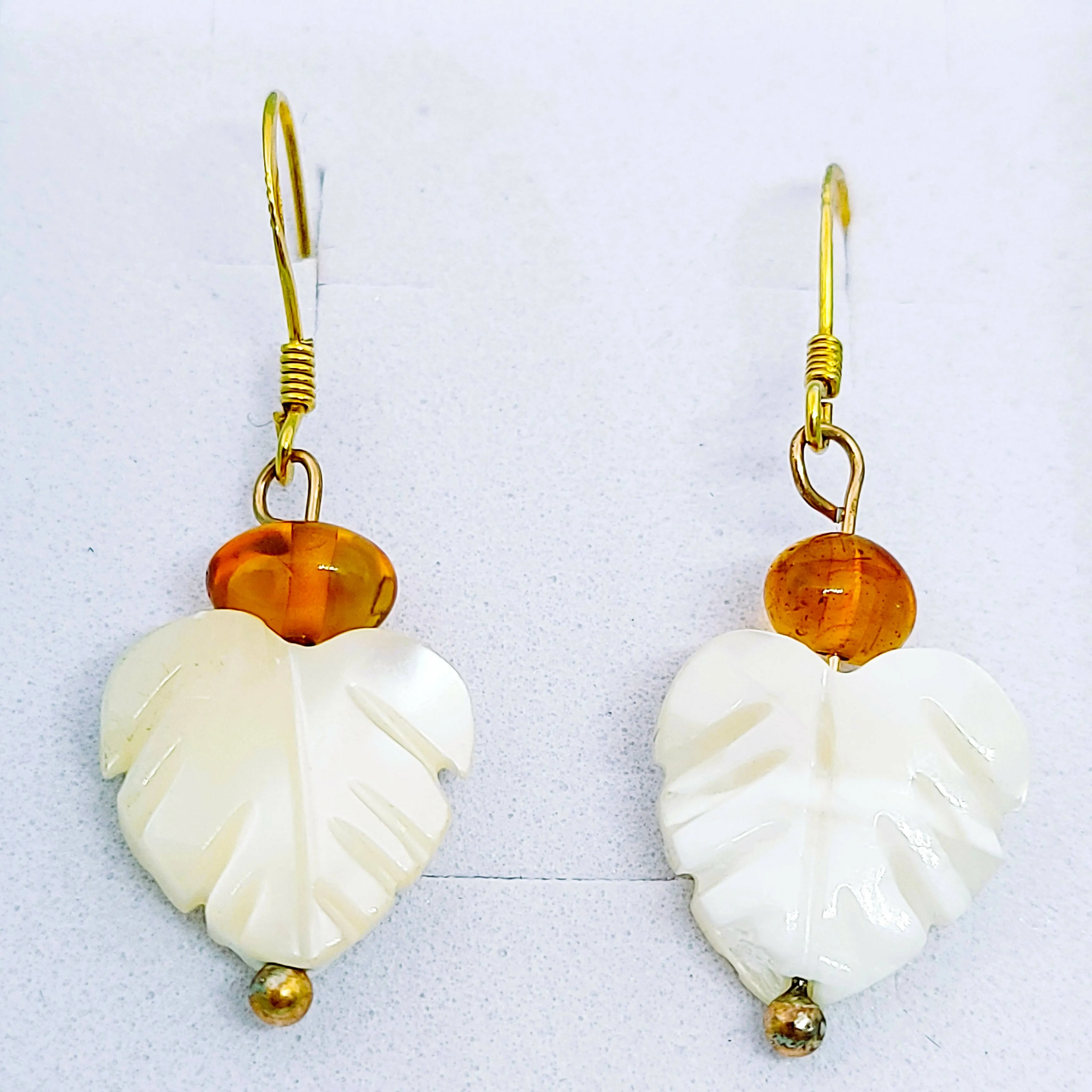 Gold on Silver Drop Earrings with Amber & Mother of Pearl
