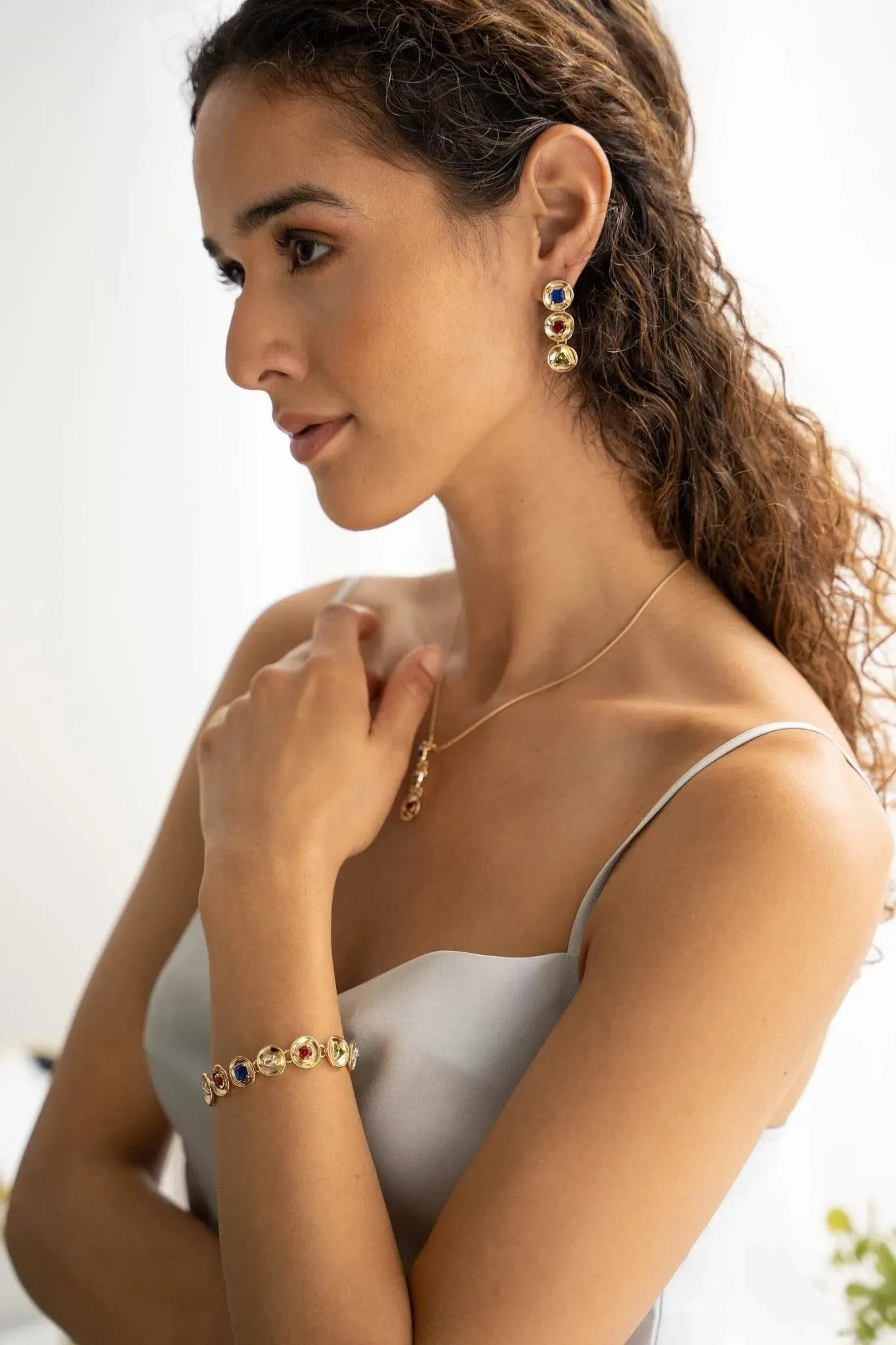Gold Plated Gemstone Triple Dangle Earrings
