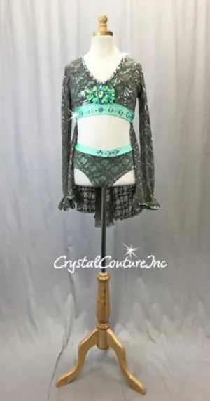 Gray Lace and Seafoam Green Lycra Long-sleeved Crop Top and Brief/Skirt - Rhinestones