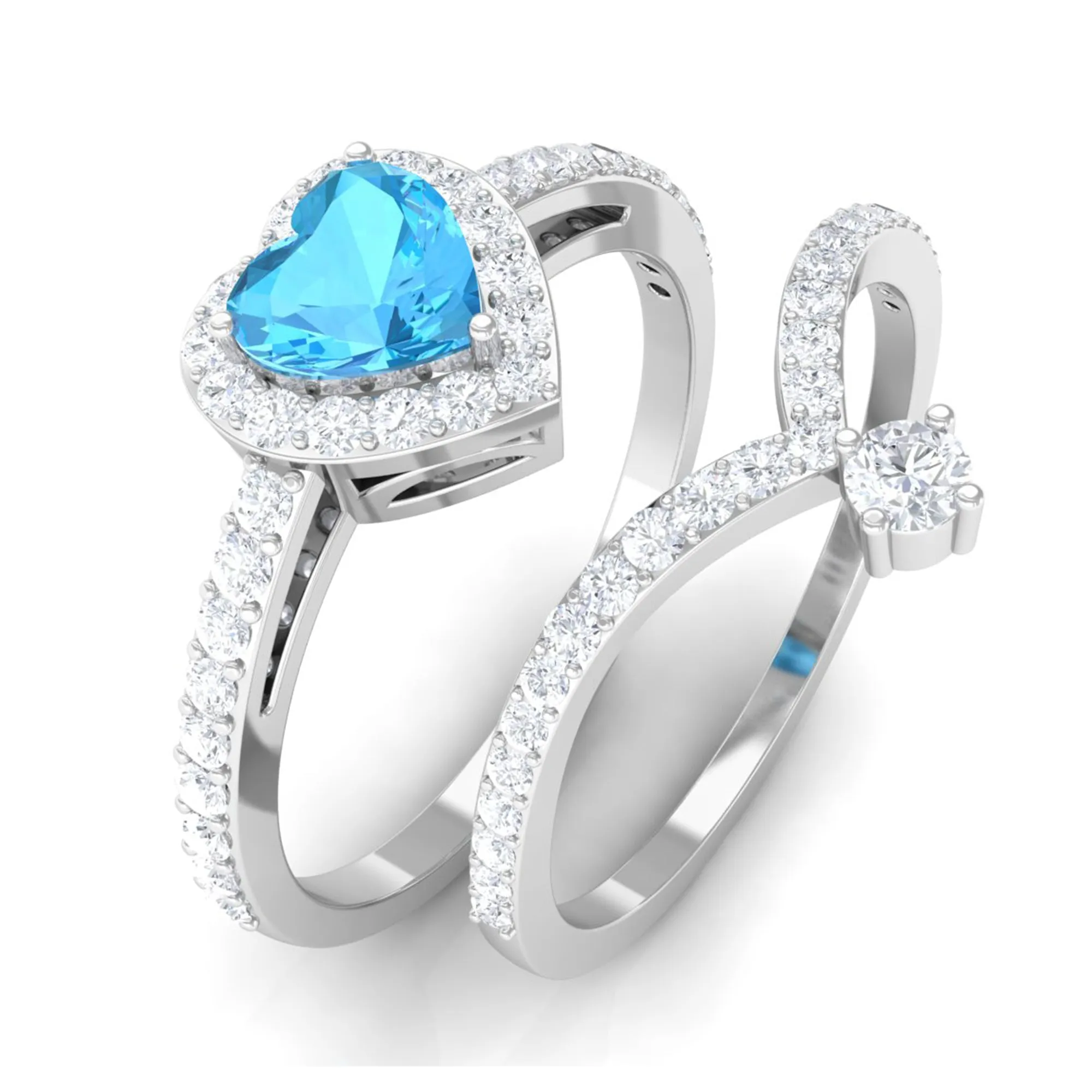 Heart Swiss Blue Topaz Ring Set with Moissanite