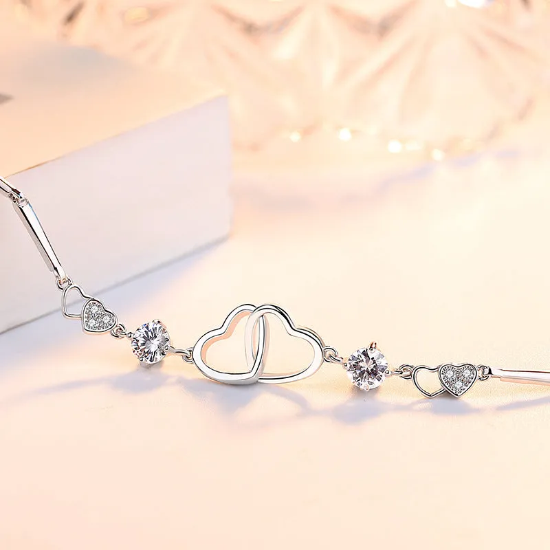 Hollow Heart Buckle with Zircon Silver Bracelet for Women