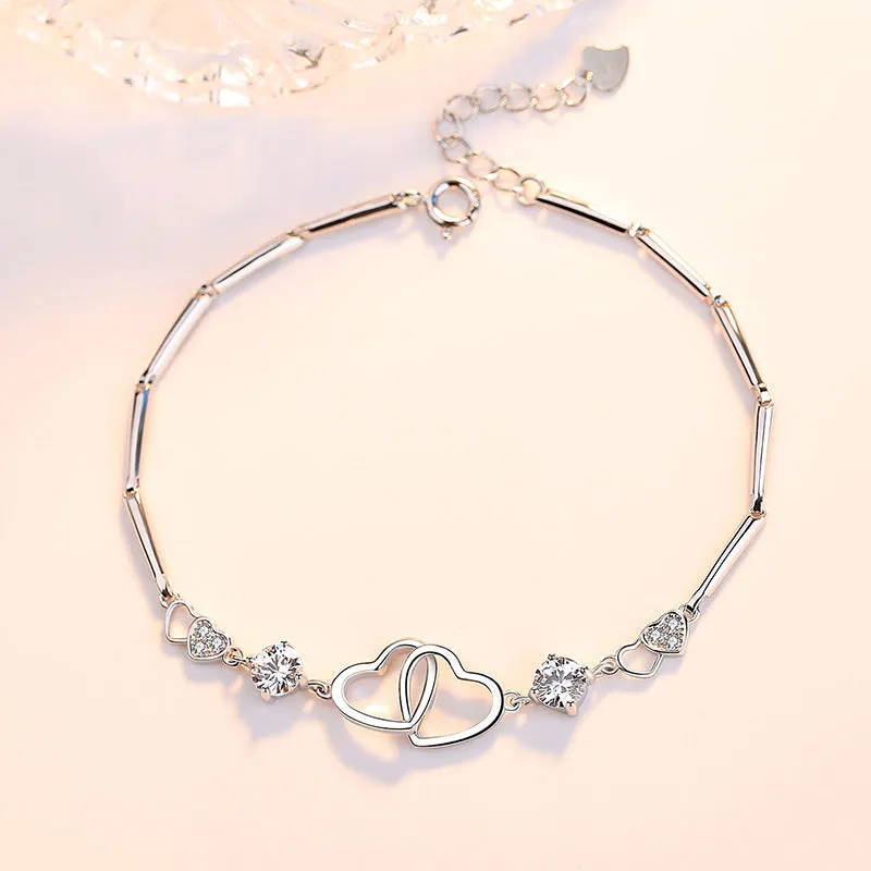 Hollow Heart Buckle with Zircon Silver Bracelet for Women