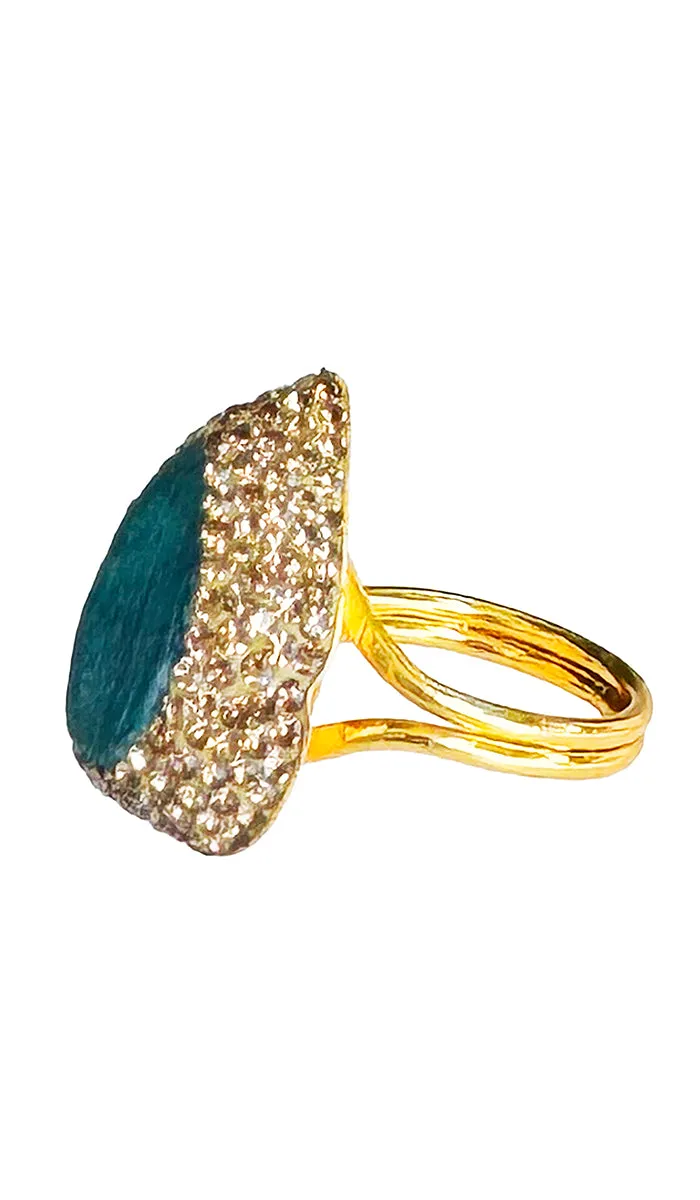 Jeweled Raw Emerald and Champagne Crystal Teardrop Cocktail Ring