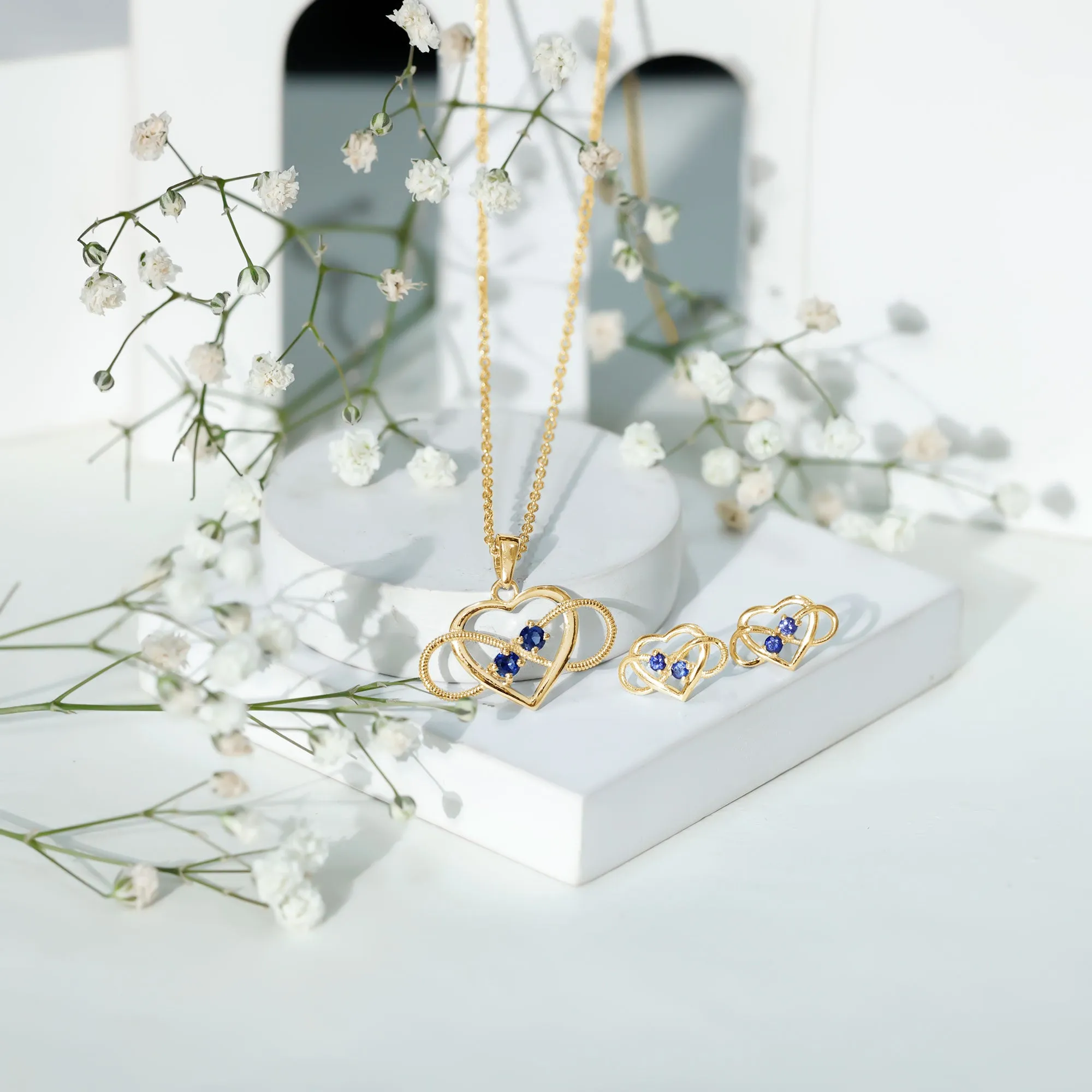 Lab Grown Blue Sapphire Infinity Heart Jewelry Set