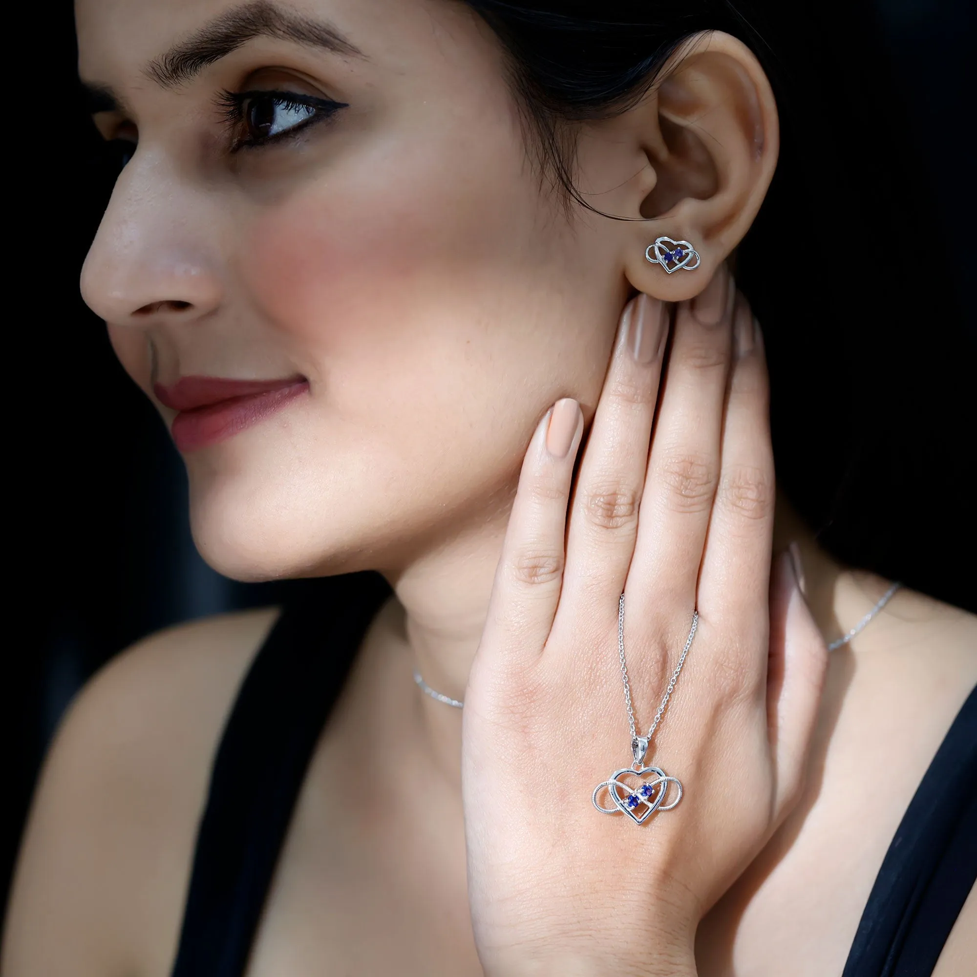 Lab Grown Blue Sapphire Infinity Heart Jewelry Set
